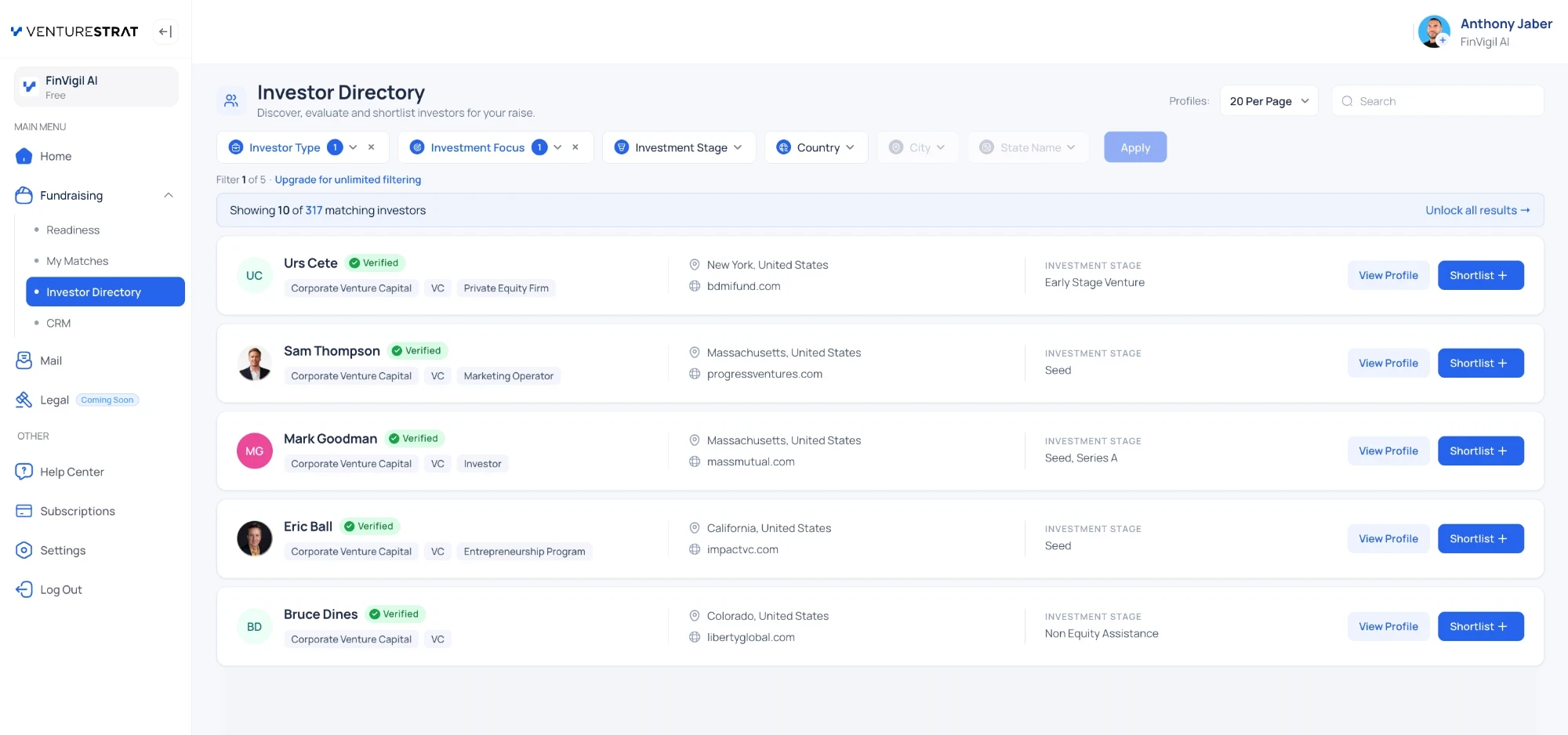 The VentureStrat investor directory with matched investors