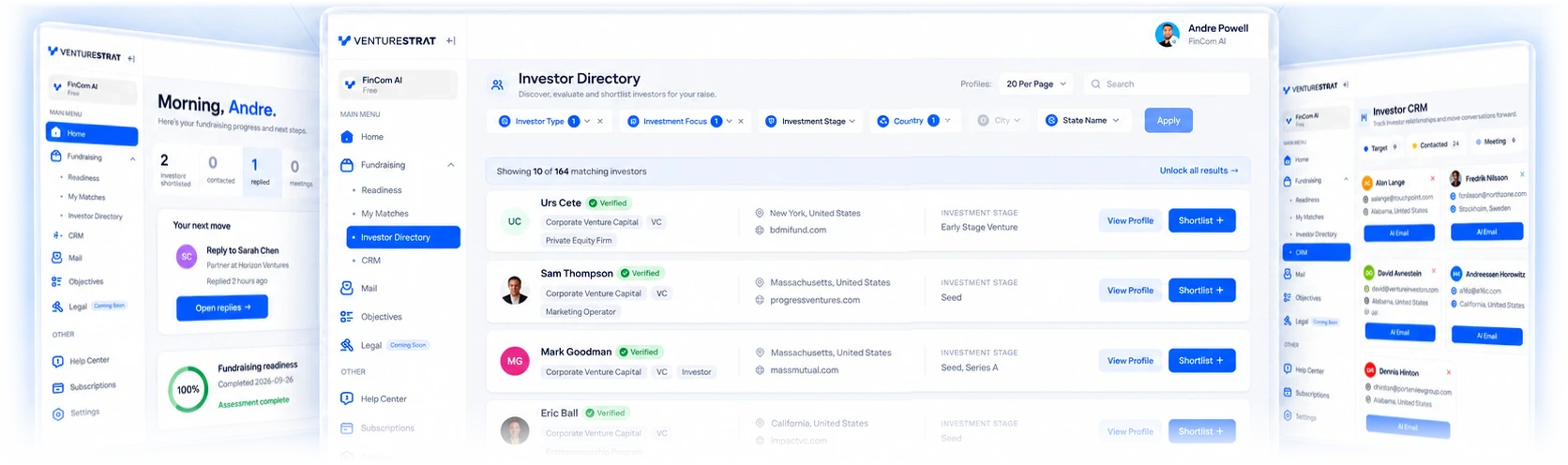 VentureStrat Investor Directory, fundraising dashboard and investor CRM